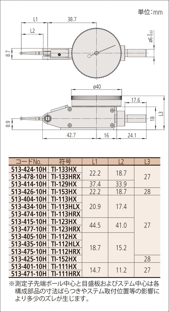 テストインジケータ 縦形・標準(目量0.01 mm・測定範囲0.8 mm) TI
